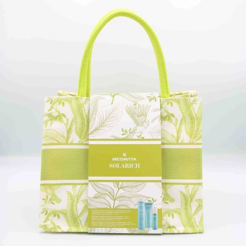 Medavita Solarich Zestaw Wakacyjny Zielony 3w1: Szampon 400 ml + Maska 150 ml + Kremowy olejek w sprayu 150 ml + Torba