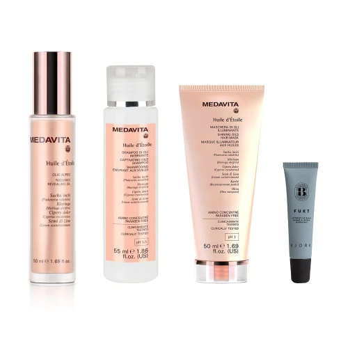 Zestaw MEDAVITA Huile d'Etoile: Suchy olejek 50 ml, Szampon 55 ml, Maska 50 ml + BJÖRK Balsam do ust 15 ml