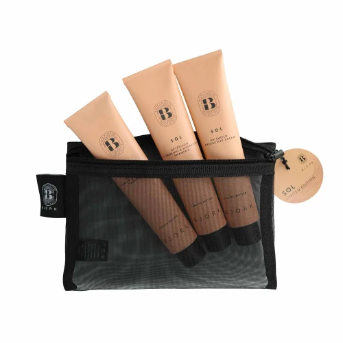 BJÖRK SOL - Zestaw Pielęgnacji Letniej Travel Size (Szampon, Maska, Krem + Kosmetyczka) 3 x 75 ml